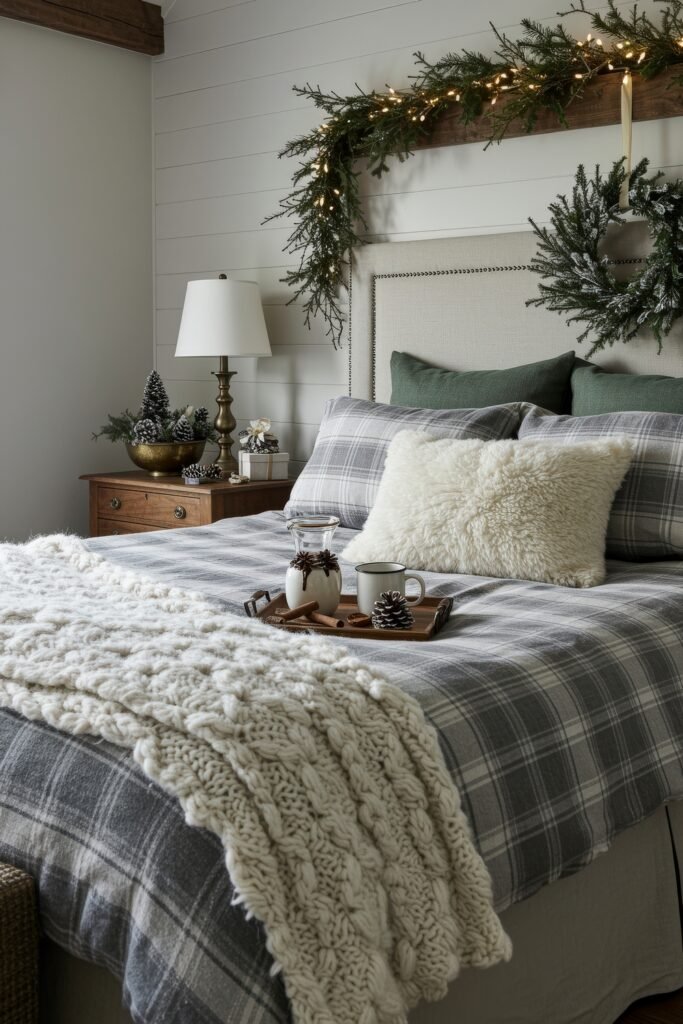 Elevate Your Bedroom with Cozy Christmas Bedding 7 Bed dressed in gray plaid bedding with knit throw and fur pillow, accented by green garland, wreath, and rustic Christmas touches.