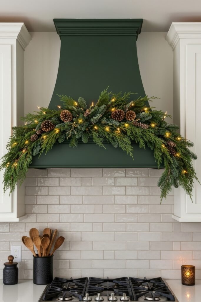 Cozy Ways to Style a Christmas Kitchen That Feels Magical 6 Dark green range hood draped with lush garland, pinecones, and warm string lights, adding a rustic and festive charm to this christmas kitchen.