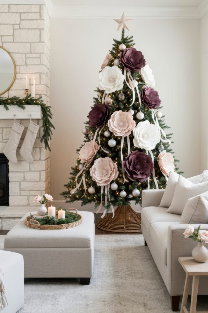 Cozy, Modern Magic for Your christmas living room 9 A cozy christmas living room with a tree decorated with oversized paper flowers in cream and plum, a stone fireplace with stockings, and neutral seating with simple festive touches.