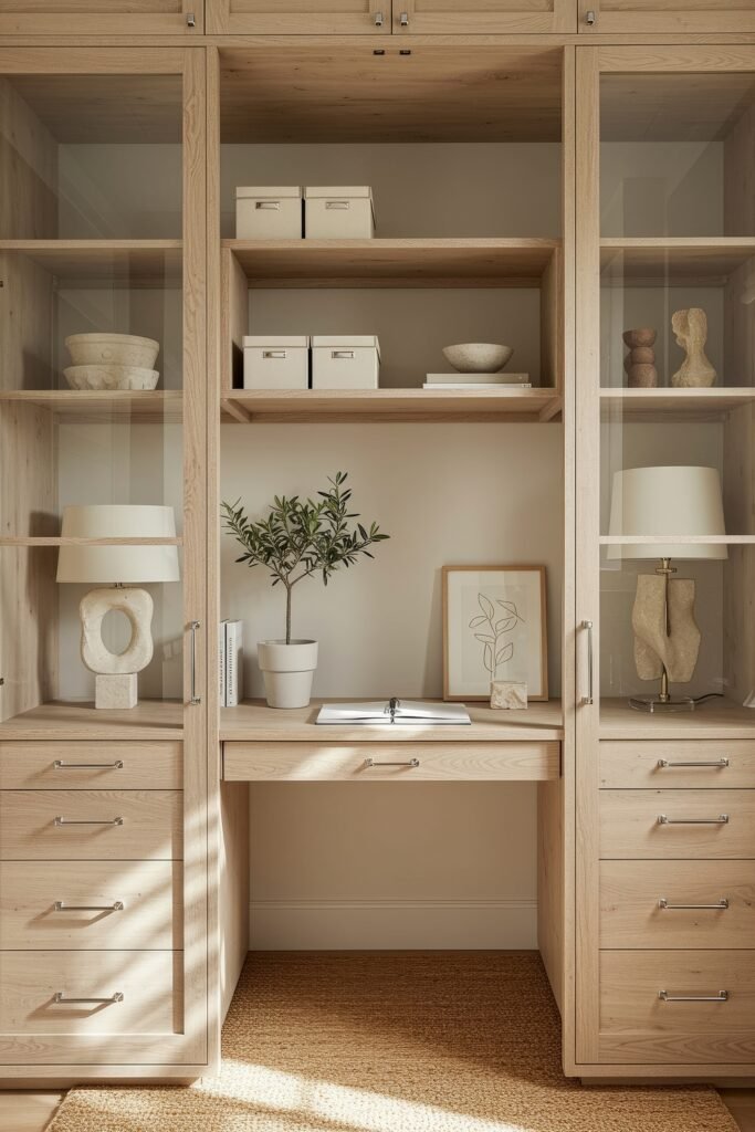 Closet Office (Cloffice) Ideas For A Chic, Calm Workspace 8 Light wood built-in office with glass cabinets, floating desk, and natural accents like potted plants and sculptural lamps.