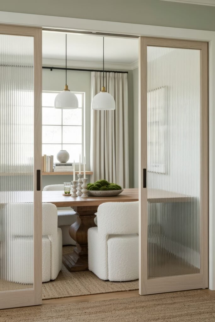 Design-Forward Ways to Style a Dining Room Office Combo 8 Stylish dining room with white boucle chairs, rustic wooden table, and sliding glass doors, illuminated by twin globe pendant lights.