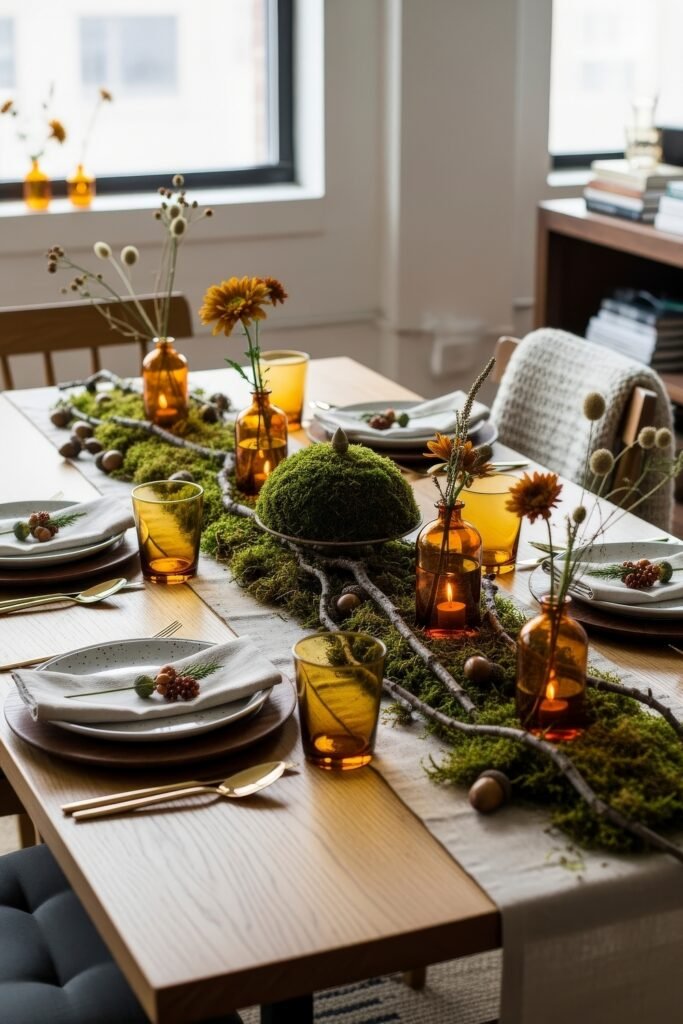 Modern, Cozy Ideas for Fall Thanksgiving Décor 8 A dining table centerpiece with moss, amber glass vases, candles, and wildflowers, creating a natural woodland-inspired Thanksgiving décor.