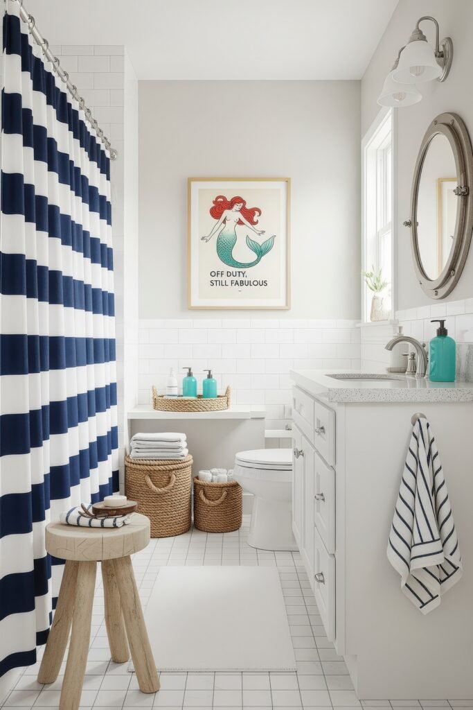 Small Changes, Big Smiles with funny bathroom decor 7 Coastal-inspired bathroom decor with blue-and-white striped shower curtain, wicker baskets, and mermaid artwork adding a whimsical touch.