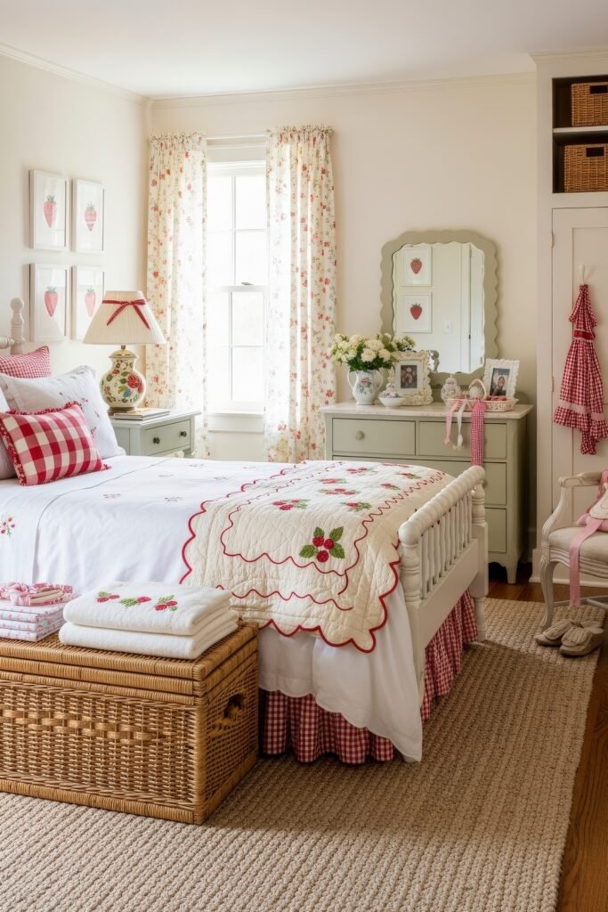 Fresh girls bedroom ideas for a stylish, cozy escape 8 Vintage-inspired bedroom with strawberry-themed bedding, wicker chest, and floral curtains creating a cottage-style design.
