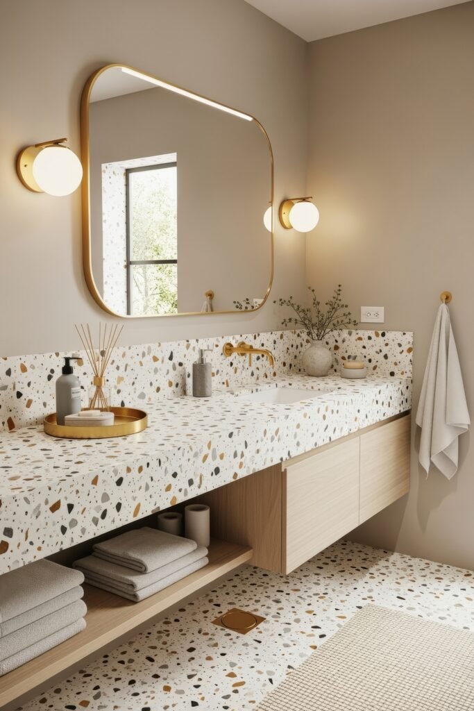 Bathroom Decor Inspo: Fresh Ideas for gold bathroom decor 8 Neutral bathroom with terrazzo countertop and flooring, floating wood vanity, gold framed mirror, and soft towels neatly stacked for a clean look.