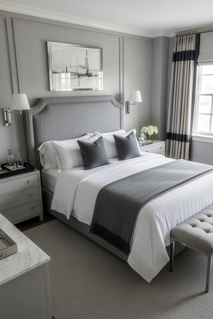 Grey bedroom ideas for a calm, stylish retreat 8 Sophisticated grey bedroom with a tailored upholstered headboard, crisp white linens, charcoal pillows, and metallic details.