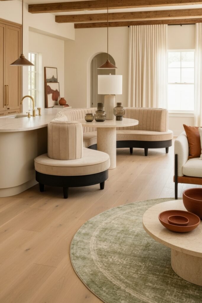 Smart Ways to Style a Kitchen and Living Room Combo 8 Elegant neutral-toned kitchen and living room combo with curved banquette seating, wood ceiling beams, sculptural decor, and a light palette that blends comfort and sophistication.