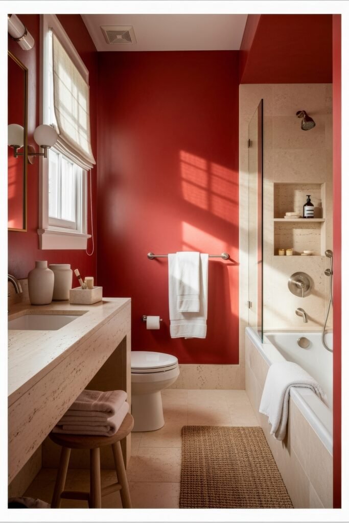 13 Bold Ideas for Red Bathroom Decor That Wow 7 Contemporary bathroom with bold red walls, neutral stone vanity, and a tub-shower combo, accented by natural textures and soft beige finishes.