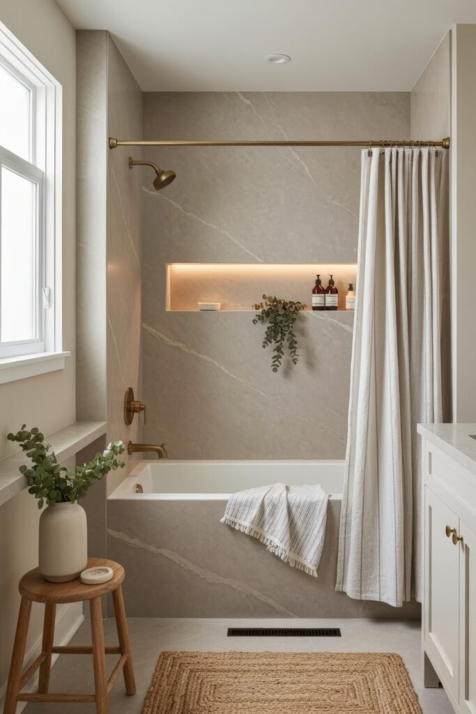 Fresh, Stylish Ways To Elevate Your Tub Shower Combo 8 Contemporary bathroom featuring a gray stone tub shower combo, brass fixtures, illuminated niche with bottles and greenery, and wood stool with folded towel.