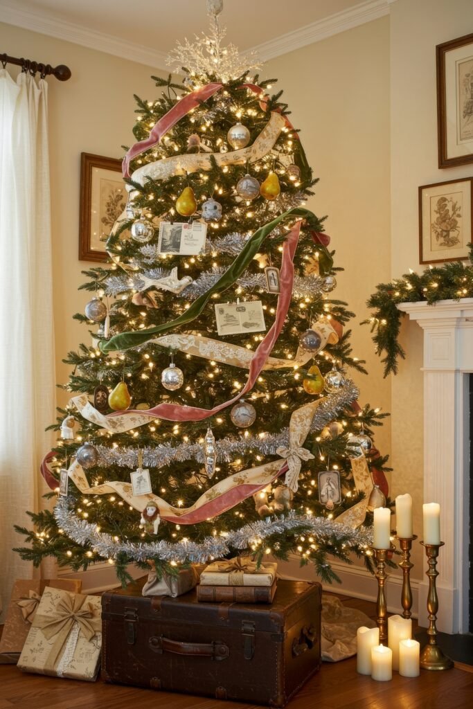 Cozy, Collected Magic With Vintage Christmas Decor Ideas 8 Sparkling Christmas tree decorated with silver tinsel, ribbon, pears, vintage ornaments, and old photographs, with gifts and candles at the base, styled in vintage Christmas décor ideas.