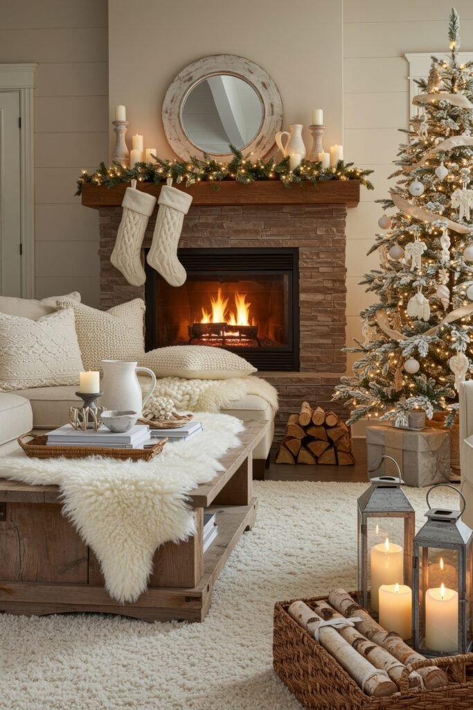 Cozy living room with a stone fireplace, knit stockings, glowing tree with white ornaments, and warm textures like faux fur and woven baskets beside lantern candles.
