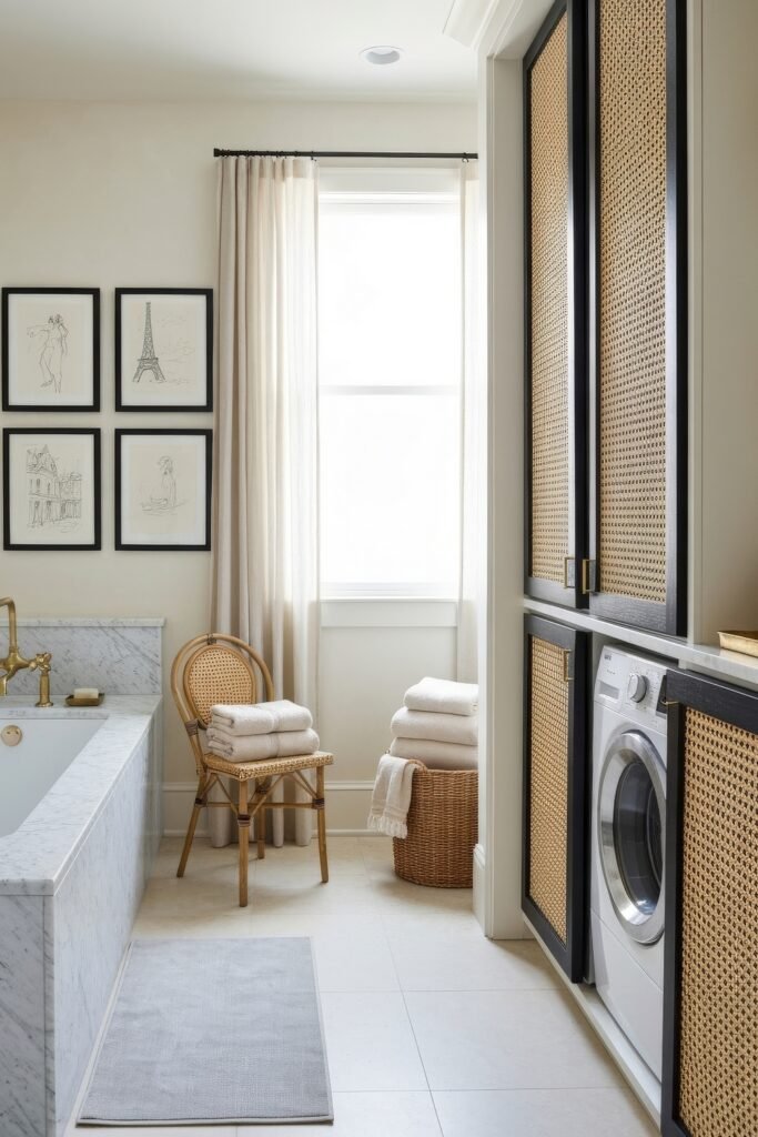 Stylish Small Spaces: Bathroom Laundry Combo 8 Elegant bathroom featuring marble tub surround, wicker seating, and a laundry area with washer and dryer behind cane-front cabinetry.