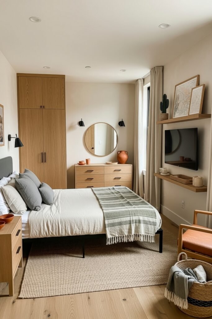 Effortlessly Stylish bedroom ideas for men That Feel Personal 9 Compact bedroom with natural oak furniture, neutral bedding, and curated décor in earthy tones, creating a warm and modern retreat.