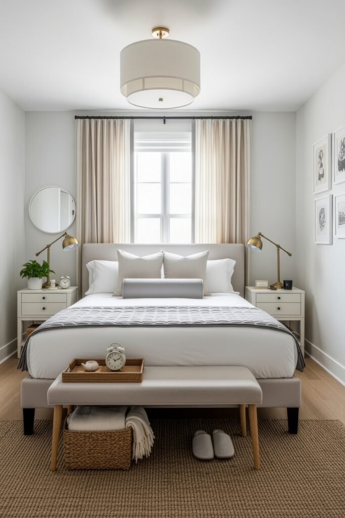 Cozy bedroom with a tall upholstered headboard, soft white and gray bedding, and golden bedside lamps beside white nightstands.