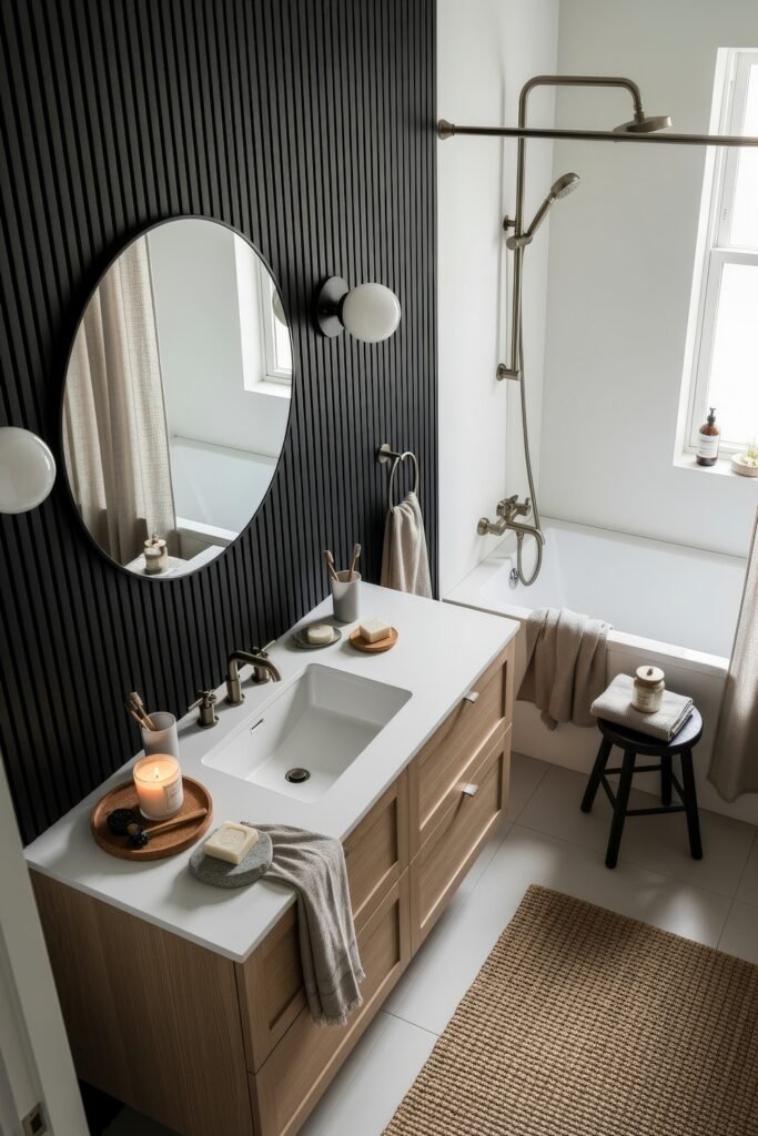 Fresh Ideas for Black and White Bathroom Decor 9 Serene bathroom design featuring a wood vanity, black vertical paneling, white tub, and round mirror, with subtle spa-like touches including a candle and ceramic trays.