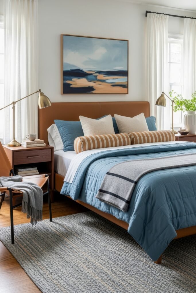 Fresh blue bedroom ideas for a calm, chic retreat 9 Fresh bedroom with a leather headboard, striped accent pillows, soft blue bedding, landscape artwork, and natural light from white curtains.