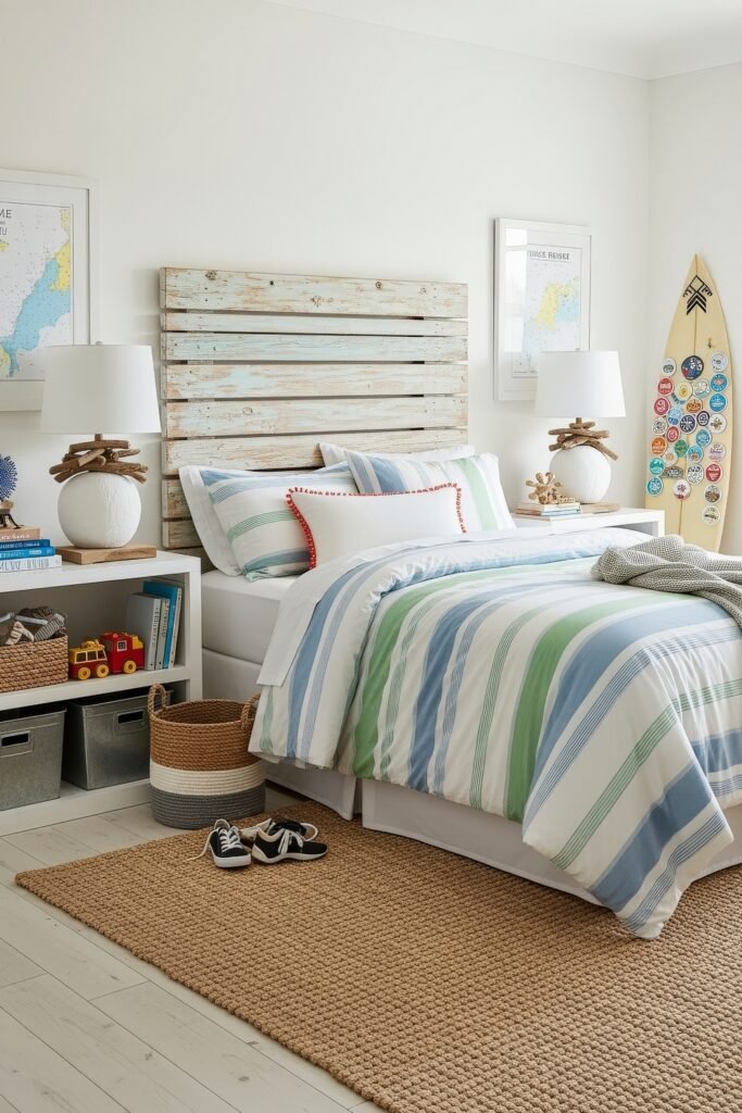 Breezy, Stylish Boys Bedroom Ideas for Modern Families 8 Coastal-inspired boys bedroom with sea-toned striped bedding, a weathered wood headboard, and surf-themed wall art, blending beachy textures with playful details.
