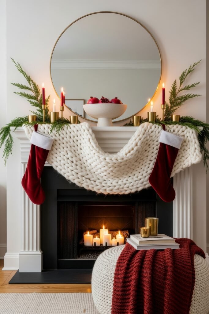 Cozy-Luxe Ideas for Burgundy Christmas Decor 7 White mantel styled with knit garland, red stockings, gold candleholders, and a bowl of pomegranates for festive charm.