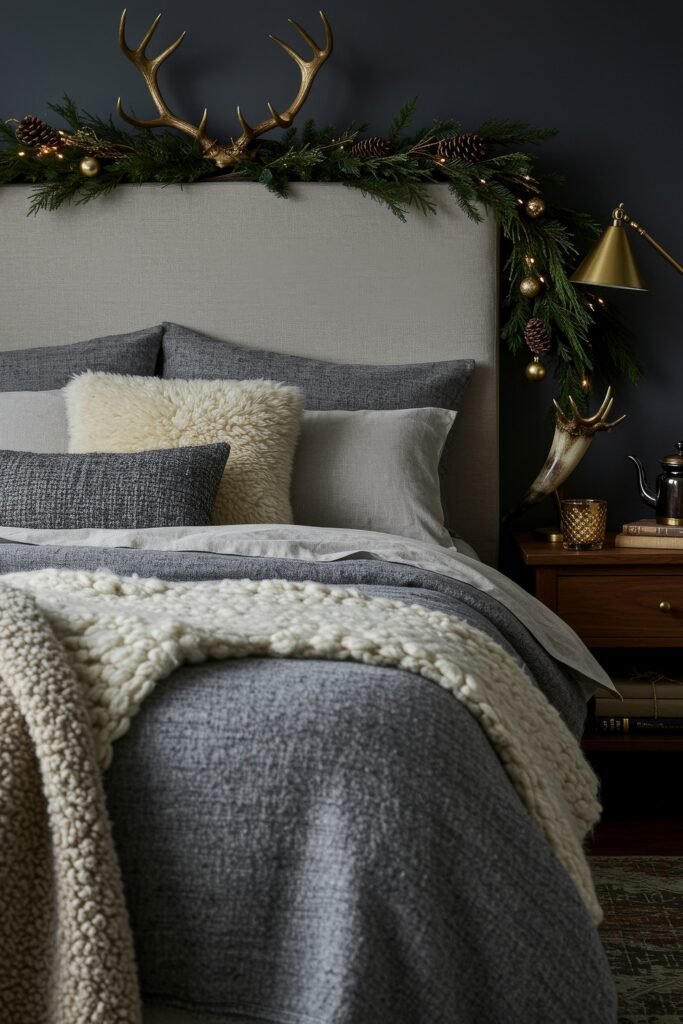 Elevate Your Bedroom with Cozy Christmas Bedding 8 Gray-toned bedding layered with knit throws and textured pillows, styled with evergreen garland and gold antlers for festive cozy Christmas décor.