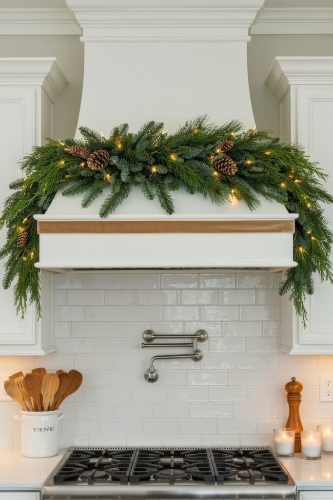 Cozy Ways to Style a Christmas Kitchen That Feels Magical 7 White range hood topped with twinkling pine garland and pinecones, paired with cozy lighting and wooden utensils for a classic Christmas kitchen ambiance.
