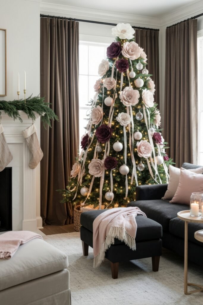 Cozy, Modern Magic for Your christmas living room 10 A warm christmas living room with a tree covered in blush and plum floral ornaments, a mantel with greenery and stockings, and dark sectional seating accented with soft pink throws.