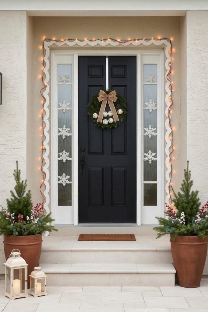 Cozy Entry Magic for christmas porch décor 8 Modern entryway with black door, snowflake window decals, gold-ribbon wreath with bells, potted greenery with berries, lanterns, and soft string lights.