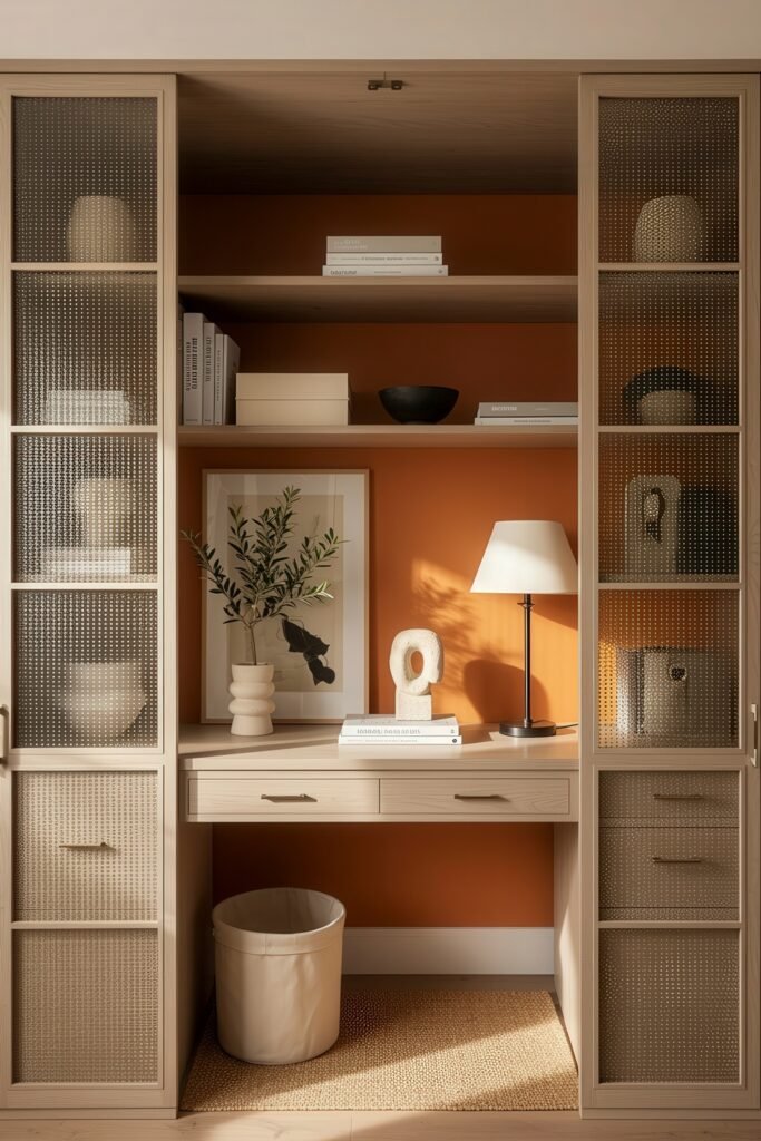 Closet Office (Cloffice) Ideas For A Chic, Calm Workspace 9 Small workspace with warm orange backdrop, wood shelving, and glass-front cabinets styled with books, art, and decor.