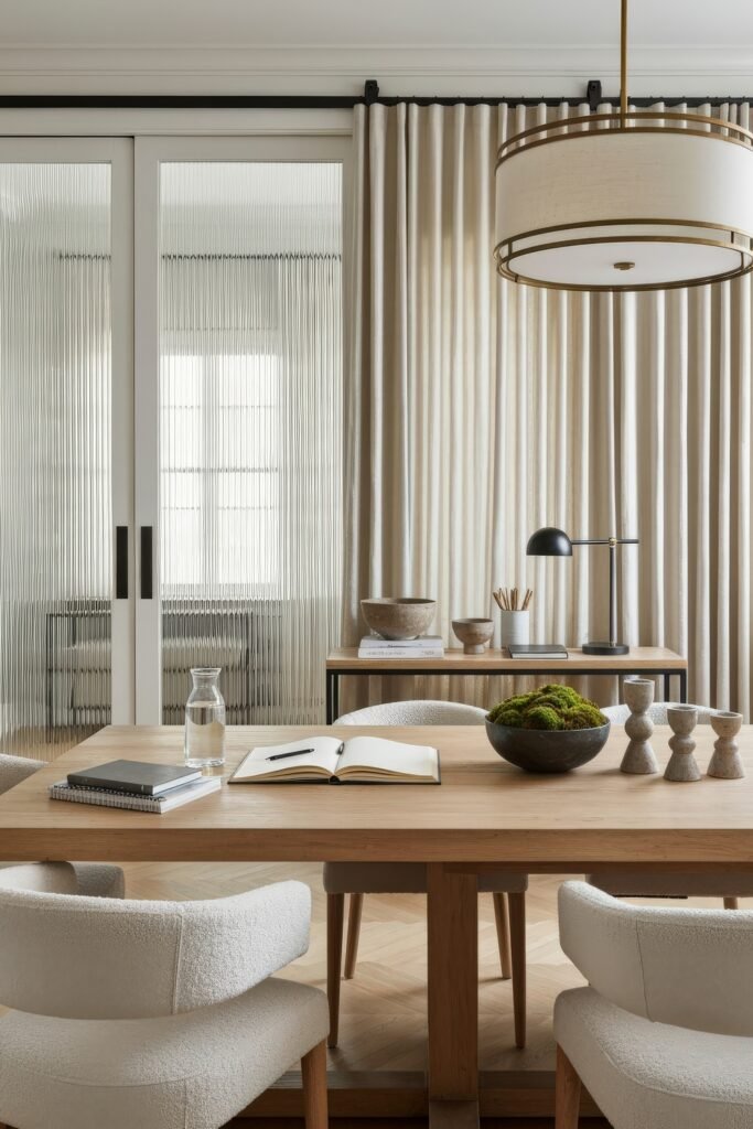 Design-Forward Ways to Style a Dining Room Office Combo 9 Minimalist dining room office combo with a pale wood table, boucle chairs, and a black desk lamp on a console, set against soft curtains and glass doors.