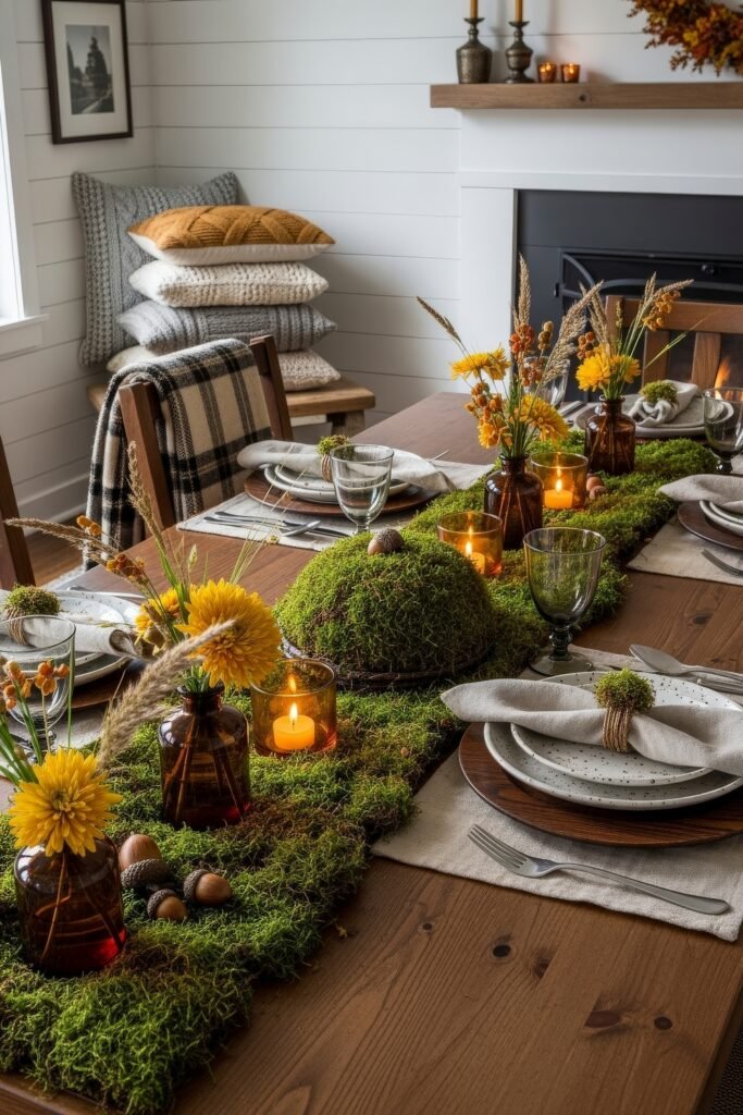 Modern, Cozy Ideas for Fall Thanksgiving Décor 9 A farmhouse dining table styled with moss, amber vases, glowing candles, and yellow flowers for a rustic fall Thanksgiving décor.