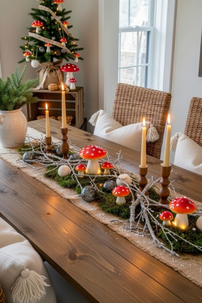 Cozy Ways to Style Farmhouse Christmas Décor 8 Woodland-inspired holiday dining table centerpiece with red mushroom decorations, candles, moss, and natural branches, styled near a small Christmas tree.