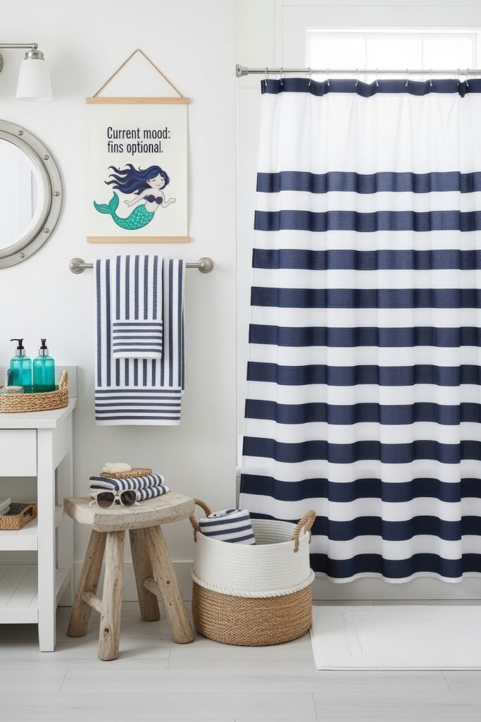 Small Changes, Big Smiles with funny bathroom decor 8 Bathroom decor with navy striped shower curtain, matching towels, wicker storage, and a mermaid print for a hint of funny bathroom decor.