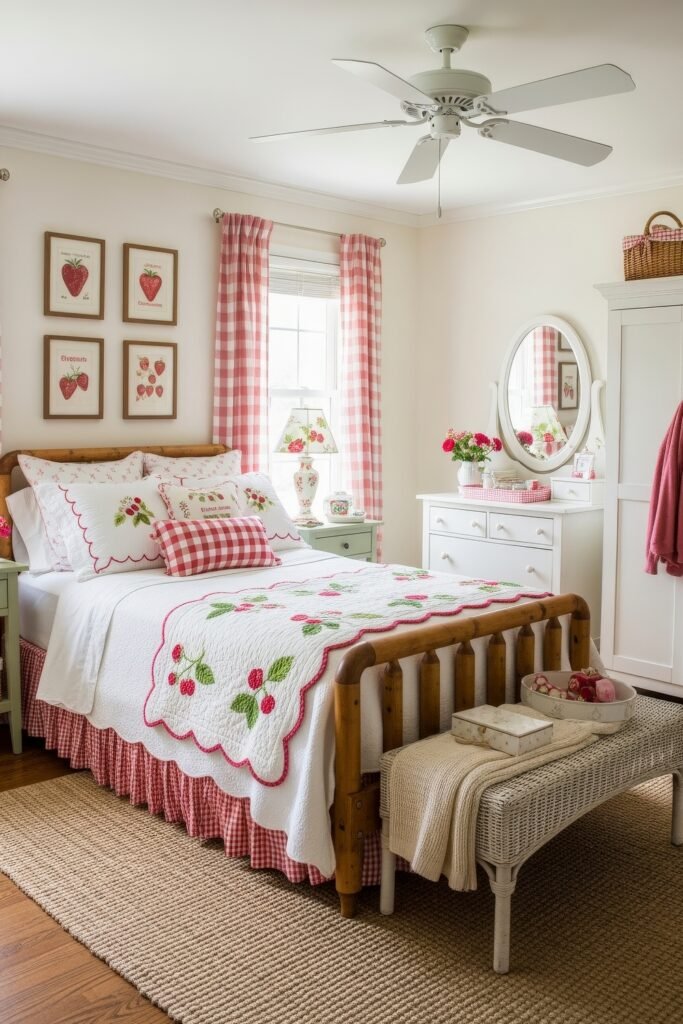 Fresh girls bedroom ideas for a stylish, cozy escape 9 Cozy bedroom with a wooden bed frame, strawberry quilt, gingham accents, and strawberry artwork above the bed.