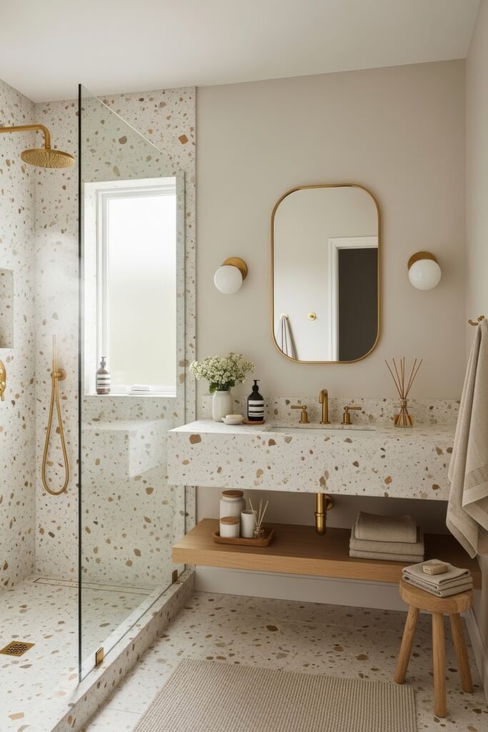 Bathroom Decor Inspo: Fresh Ideas for gold bathroom decor 9 Fresh bathroom with terrazzo finishes, floating sink, walk-in shower, gold fixtures, and small plants adding warmth to the decor.