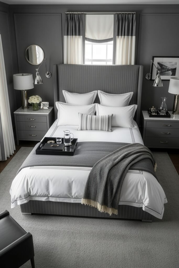 Grey bedroom ideas for a calm, stylish retreat 9 Luxurious grey bedroom featuring a pinstripe upholstered headboard, white bedding with grey accents, and polished modern decor.