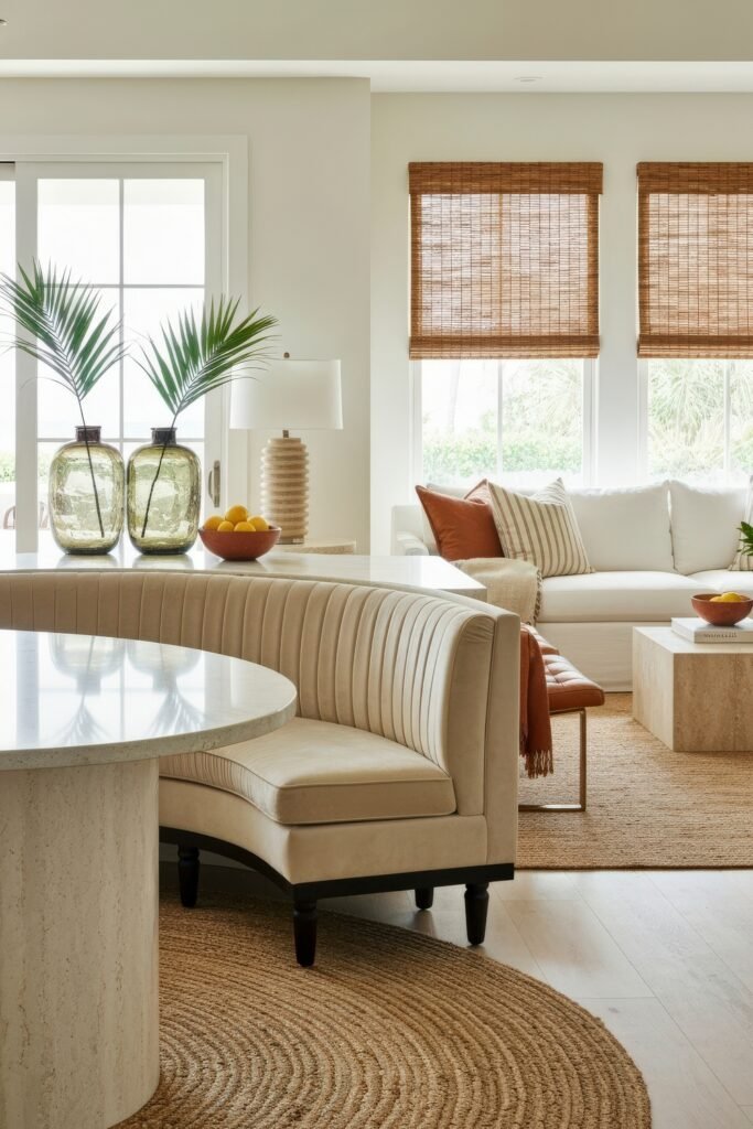 Smart Ways to Style a Kitchen and Living Room Combo 9 Coastal-inspired combo space with a cream banquette, rattan shades, and a bright living area filled with light, featuring natural textures and soft earthy accents throughout.