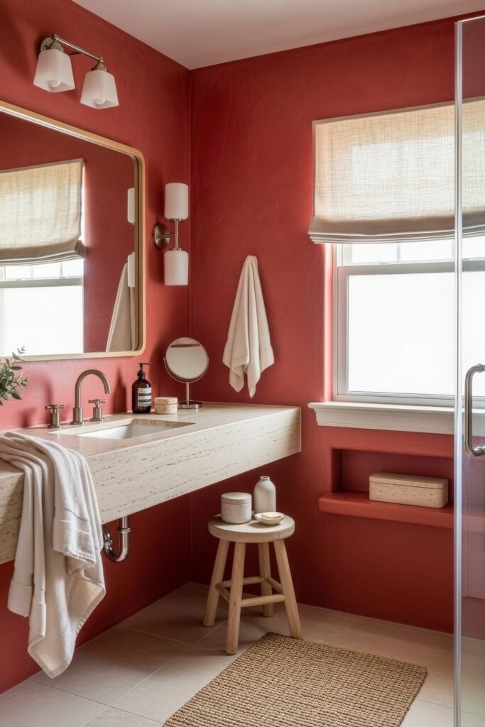 13 Bold Ideas for Red Bathroom Decor That Wow 8 Warm bathroom with red textured walls, stone vanity, and a natural wood stool, styled with simple pottery and woven rug for a modern rustic feel.