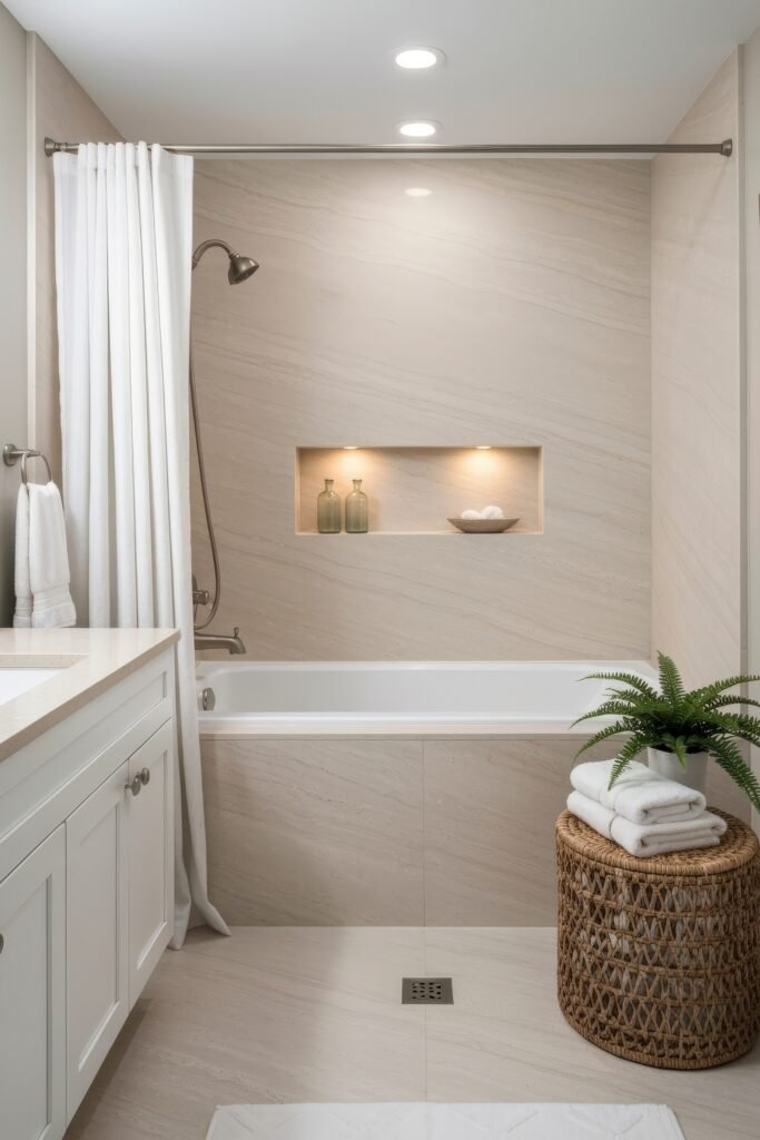 Fresh, Stylish Ways To Elevate Your Tub Shower Combo 9 Elegant bathroom with a tub shower combo in beige stone tile, brushed nickel fixtures, recessed lit shelf, white curtain, and wicker basket with folded towels.