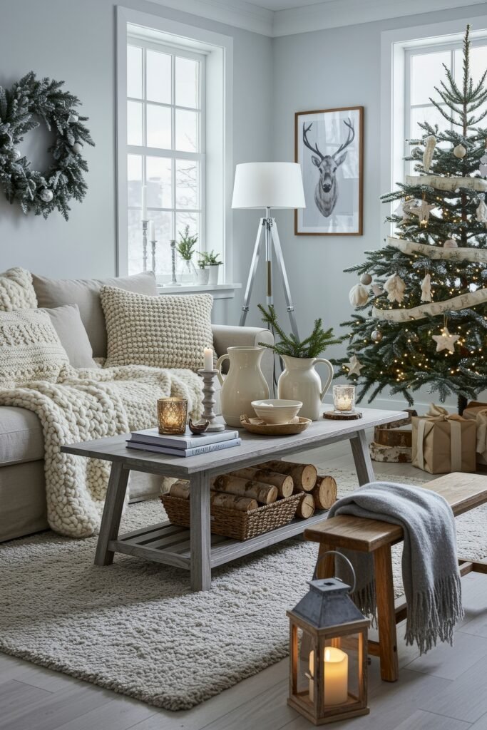 Bright living room with a snowy Christmas tree, soft knitted blankets, a wreath by the window, and wood and candle accents creating a warm, white Christmas décor style.