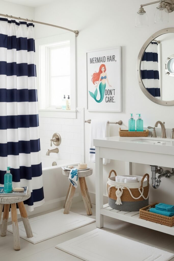 Small Changes, Big Smiles with funny bathroom decor 9 Fresh bathroom decor with bold navy striped shower curtain, wicker accents, and a mermaid wall print for a playful seaside style.