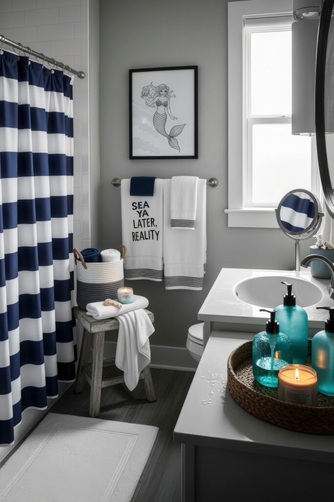 Small Changes, Big Smiles with funny bathroom decor 10 Cozy bathroom decor with navy striped shower curtain, wicker accents, and candlelight beside a mermaid illustration for a relaxing, funny bathroom decor mood.