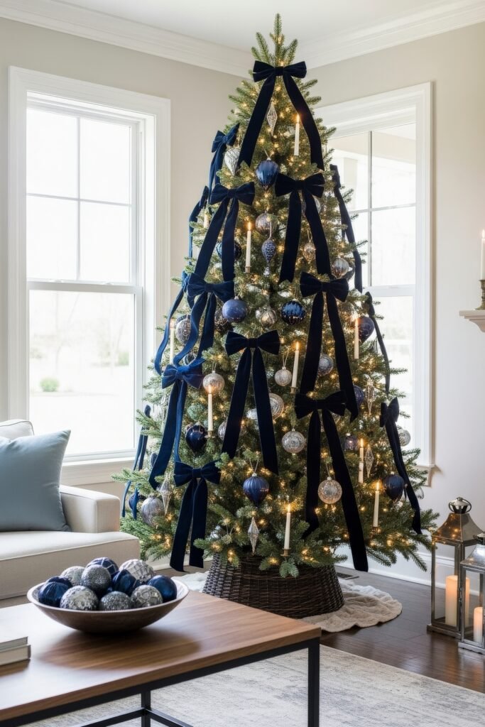 Cozy Holiday Magic With Blue Christmas Décor 8 Tall Christmas tree adorned with navy velvet bows, silver ornaments, and glowing candles, placed by a bright window with a bowl of blue ornaments on the coffee table.