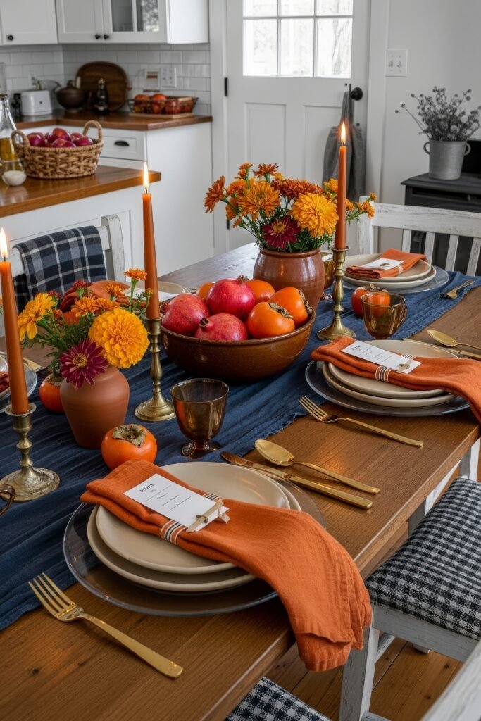 Fresh Ways to Style Blue Thanksgiving Table Décor 8 Festive table with orange napkins, marigold flowers, pomegranates, persimmons, and brass candleholders on a navy runner.