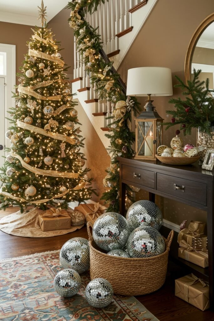 Cozy Christmas Décor for a christmas entryway 8 A grand entryway with a glowing Christmas tree, gold-wrapped presents, a basket of disco balls, and a console with lanterns, garland, and ornaments.