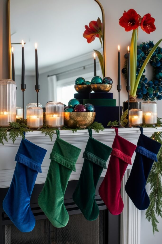 Vibrant mantle display with jewel-toned velvet stockings, gold bowls filled with ornaments, black candles, and glowing lanterns.
