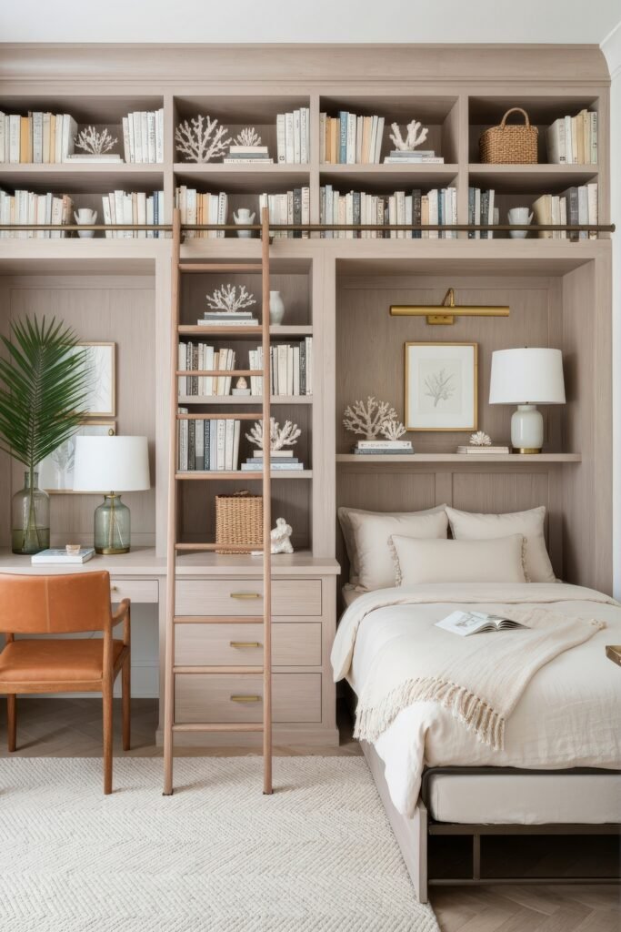 Clever Ways to Style a Home Office Guest Room Combo 8 Light-toned home office guest room combo with floor-to-ceiling bookshelves, a rolling ladder, and a twin bed seamlessly built into the cabinetry.
