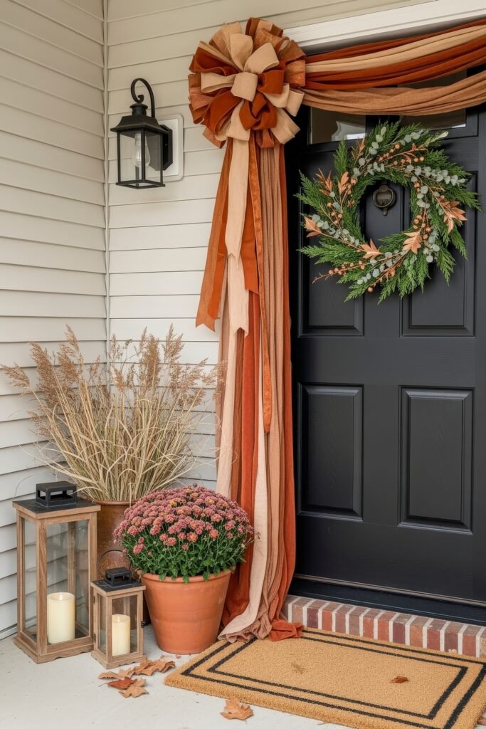 Warm, Modern Thanksgiving Door Decorations to Welcome Fall 6 Porch with a black door featuring a greenery wreath with oak leaves, oversized burnt-orange ribbons draped above, and accents of mums, dried grasses, and lanterns.