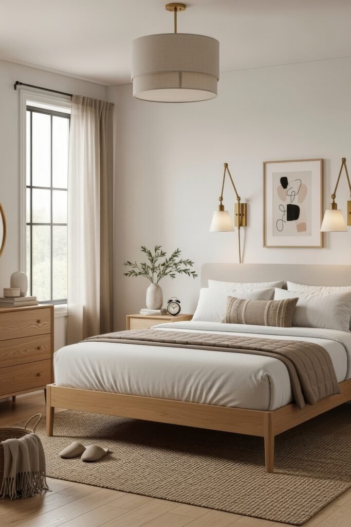 Scandinavian-inspired bedroom with light wood furniture, neutral bedding, wall sconces, and simple framed art.