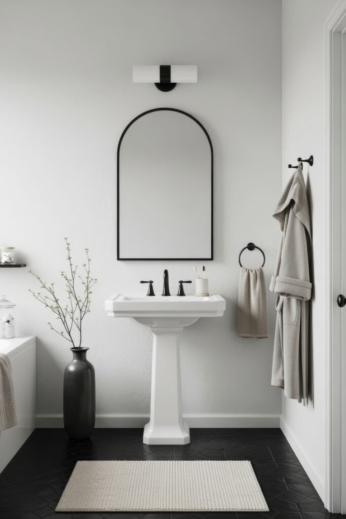 Fresh Ideas for Black and White Bathroom Decor 10 Minimalist black and white bathroom decor with a pedestal sink, arched mirror, black floor tiles, and soft beige textiles, accented by a tall matte black vase with branches.