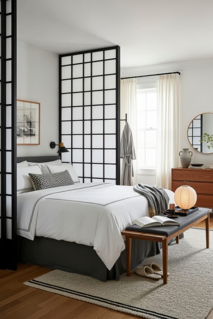 Contemporary bedroom with Japanese-inspired black grid room dividers, a neatly dressed bed with white linens, wood furniture, and warm accent lighting.