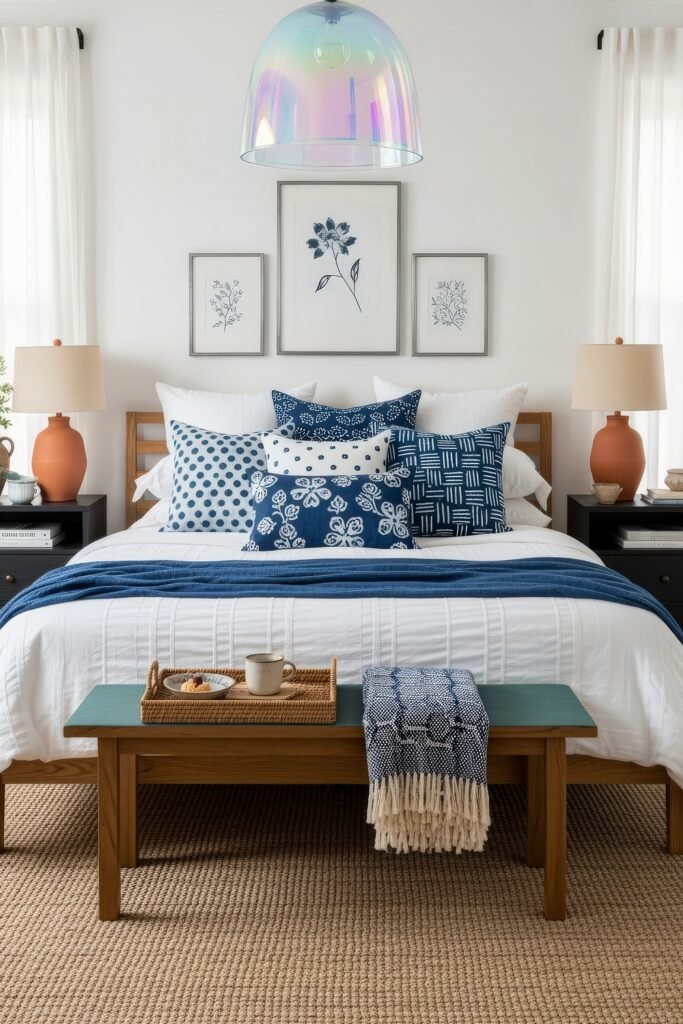 Fresh blue bedroom ideas for a calm, chic retreat 10 Playful bedroom with layered white and blue bedding, patterned throw pillows, terracotta lamps, and framed botanical prints above the bed.